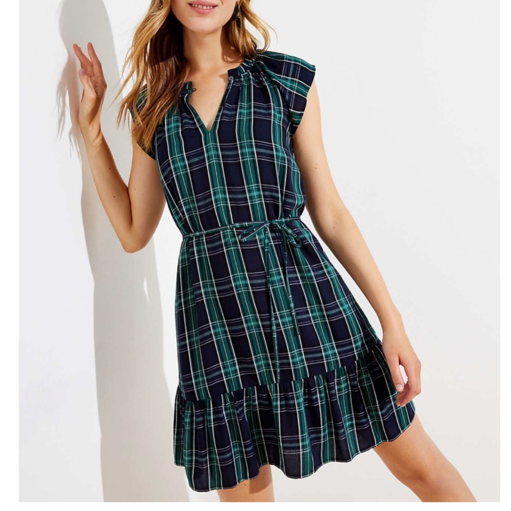 LOFT PLAID SPLIT NECK TIE WAIST DRESS IN BLACK